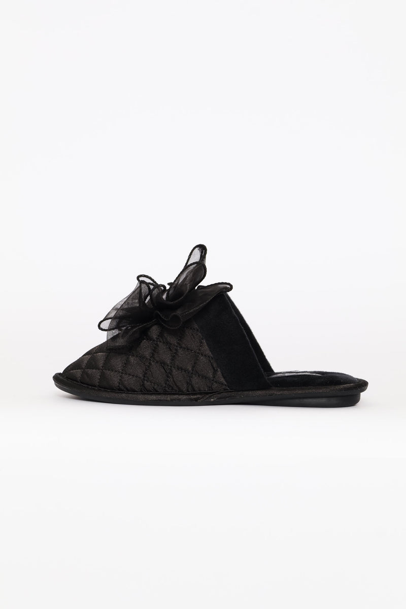 Bow Detail Quilted Closed Toe Slipper - Black