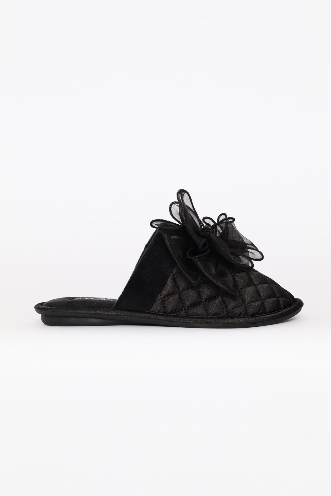 Bow Detail Quilted Closed Toe Slipper - Black
