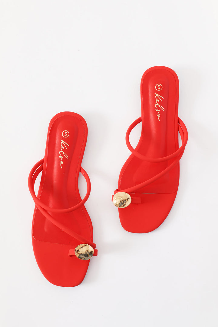 Metal Circle Trim Toe Post Mule Sandal - Red