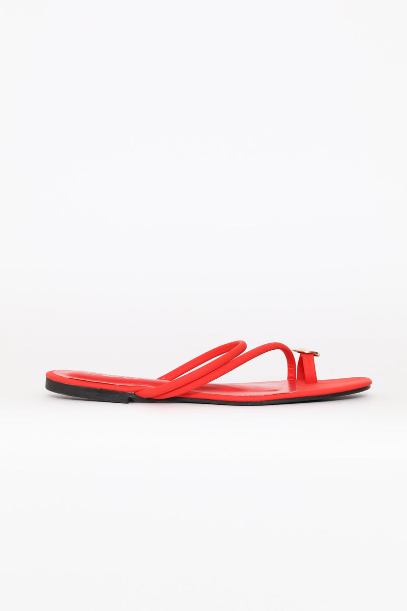Metal Circle Trim Toe Post Mule Sandal - Red