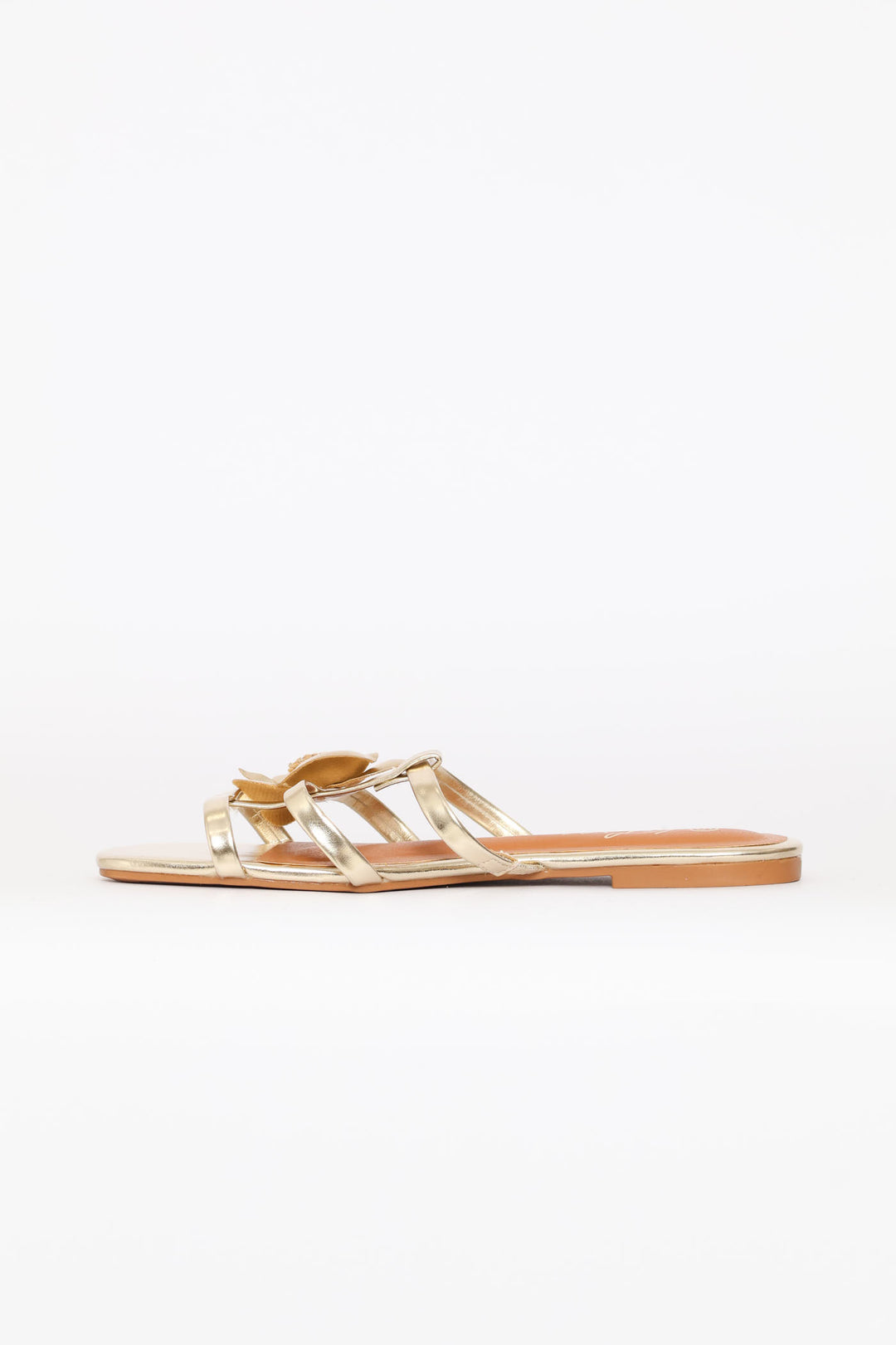 Flower Detail Triple Strap Sandal - Gold