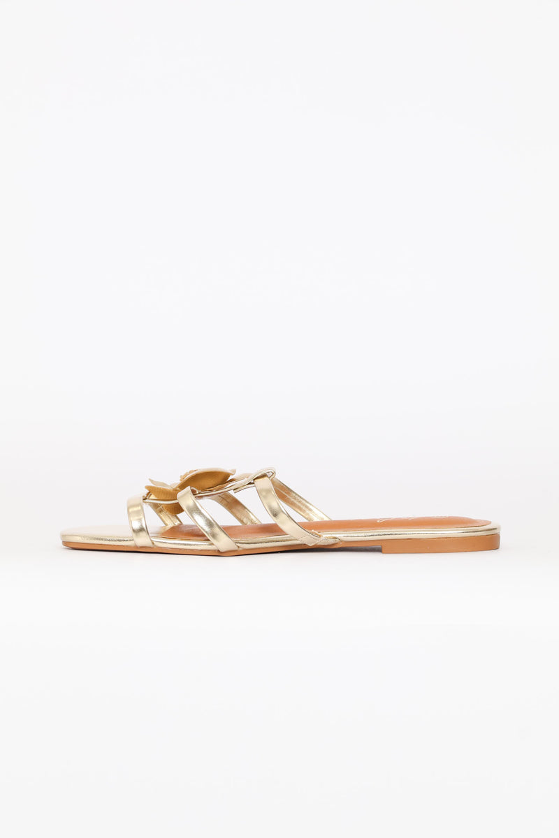 Flower Detail Triple Strap Sandal - Gold