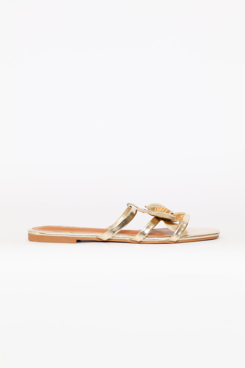 Flower Detail Triple Strap Sandal - Gold