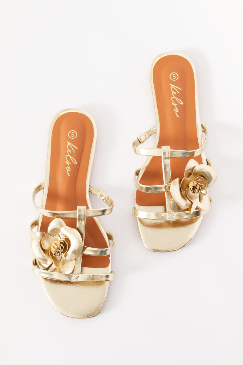 Flower Detail Triple Strap Sandal - Gold