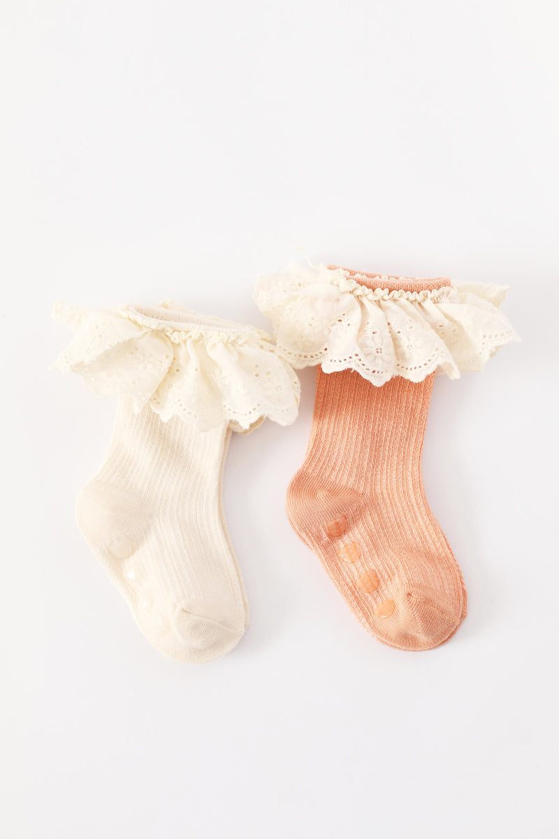 Baby Girls 2 Pack Knee High Frill Socks - Brown