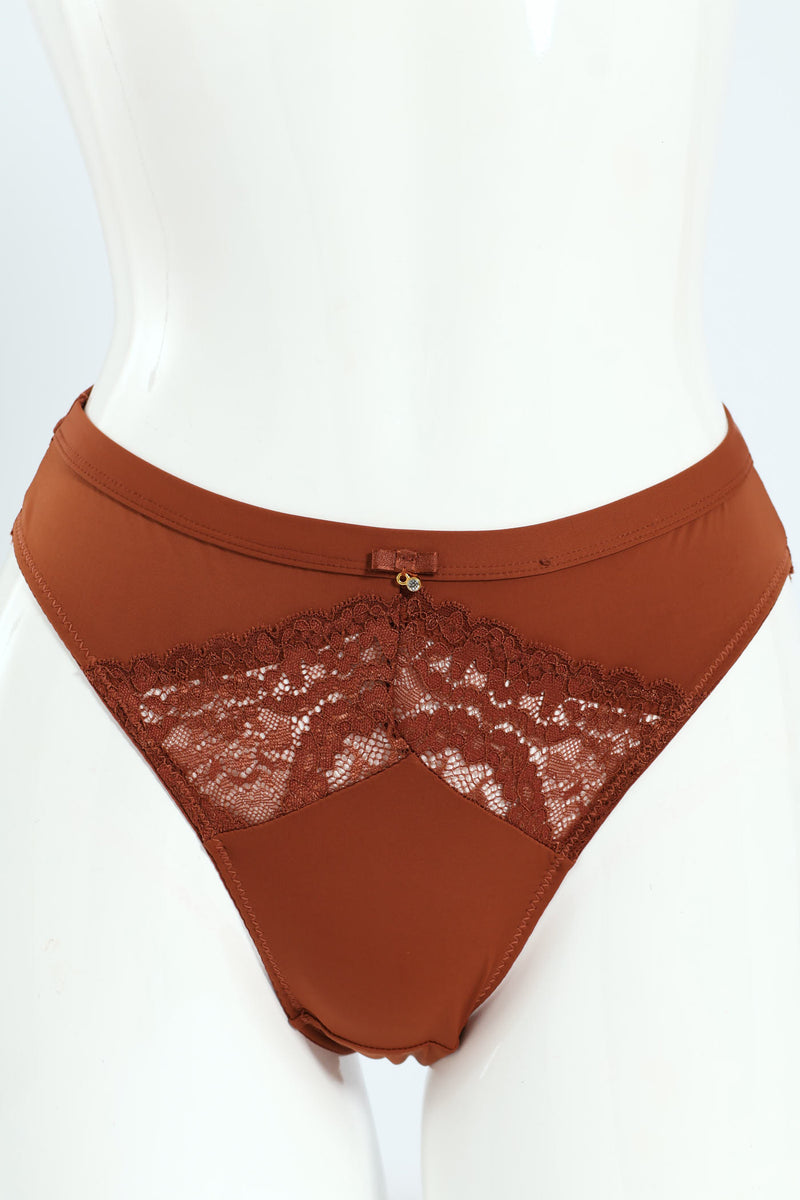 Microfiber & Lace Hi Cut Panty - Rich Cocoa