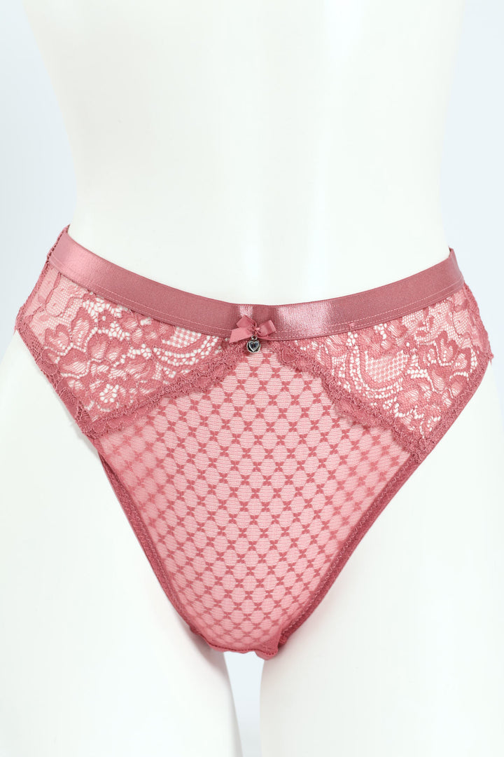 Lace & Mesh Hi Cut Panties - Rose