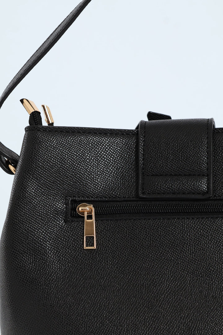Gold Clasp Flapover Shopper - Black