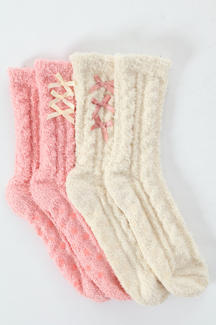 2 Pack Cosy Bows Sock - White/Pink