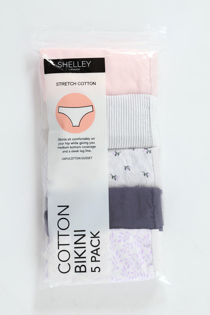 5 Pack Cotton Stretch Bikini Panties - Pink Leaf/Navy/Grey Leaf