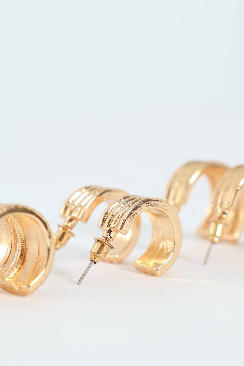 3 Pack Fluted Small Hoops Earrings - Gold
