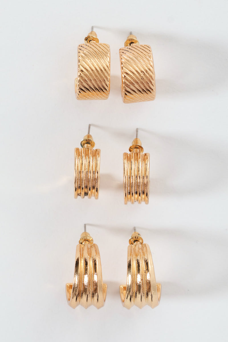 3 Pack Fluted Small Hoops Earrings - Gold