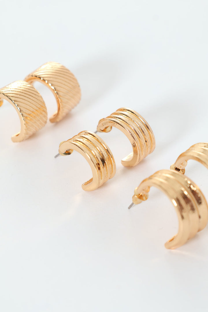3 Pack Fluted Small Hoops Earrings - Gold
