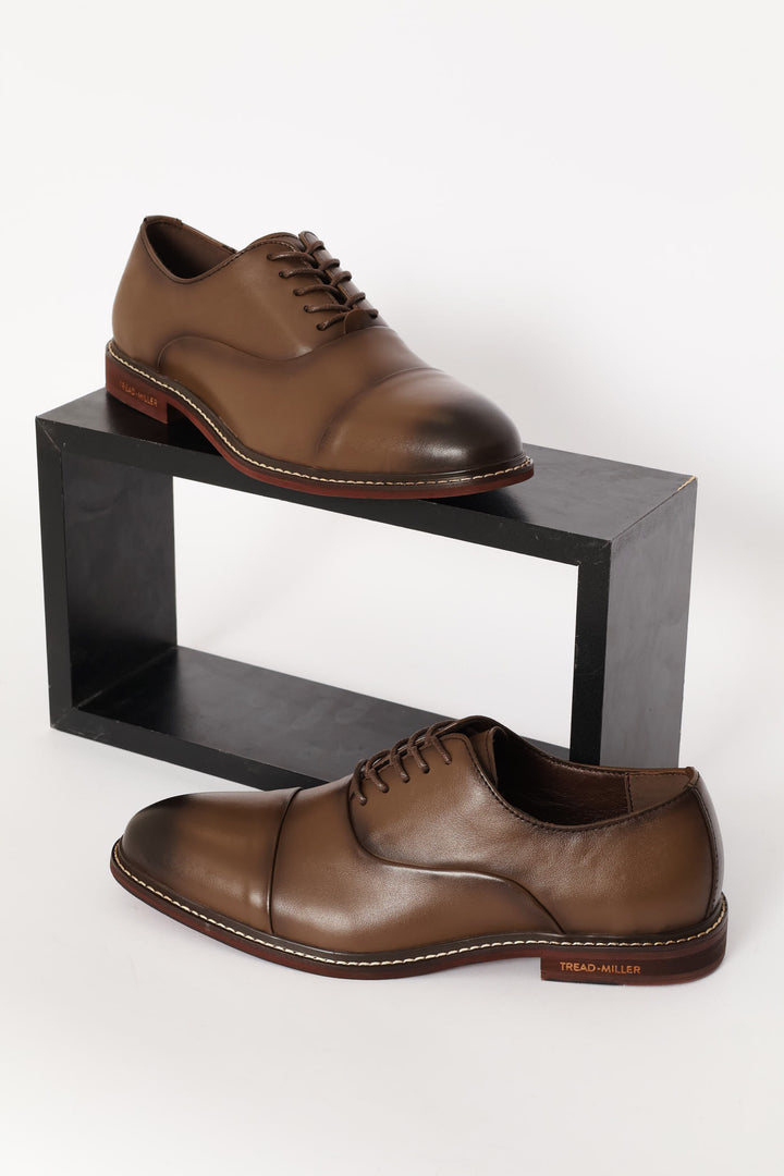 Leather Oxford Formal Shoe With Toe Cap - Chocolate