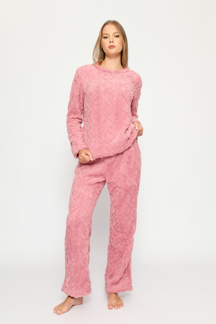 Long Sleeve Cherry Embossed Polar Fleece Top & Pant Set - Pink