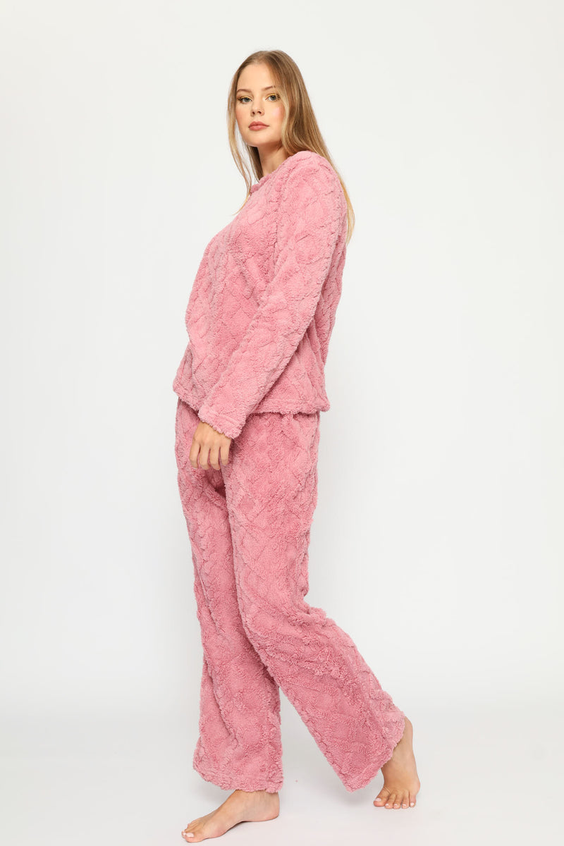 Long Sleeve Cherry Embossed Polar Fleece Top & Pant Set - Pink