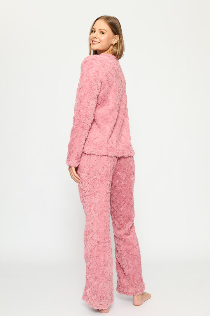 Long Sleeve Cherry Embossed Polar Fleece Top & Pant Set - Pink