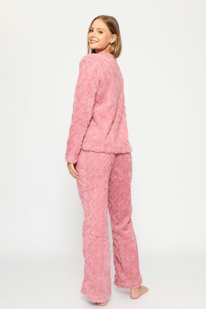 Long Sleeve Cherry Embossed Polar Fleece Top & Pant Set - Pink