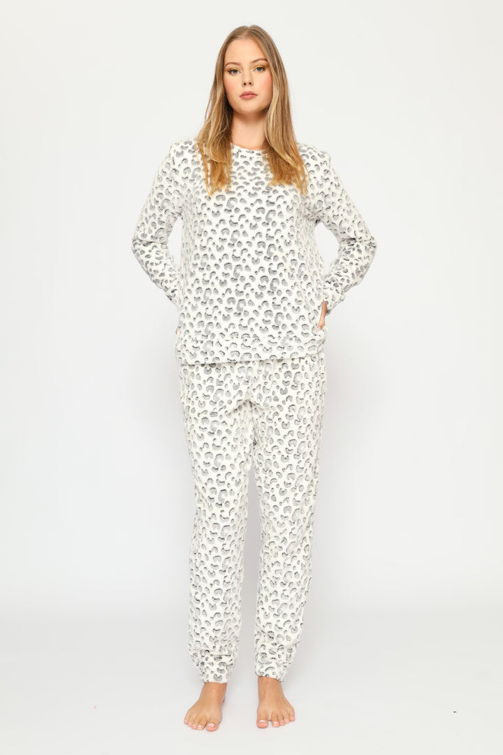 Long Sleeve Allover Leopard Print Cosy Jogger  - Cream