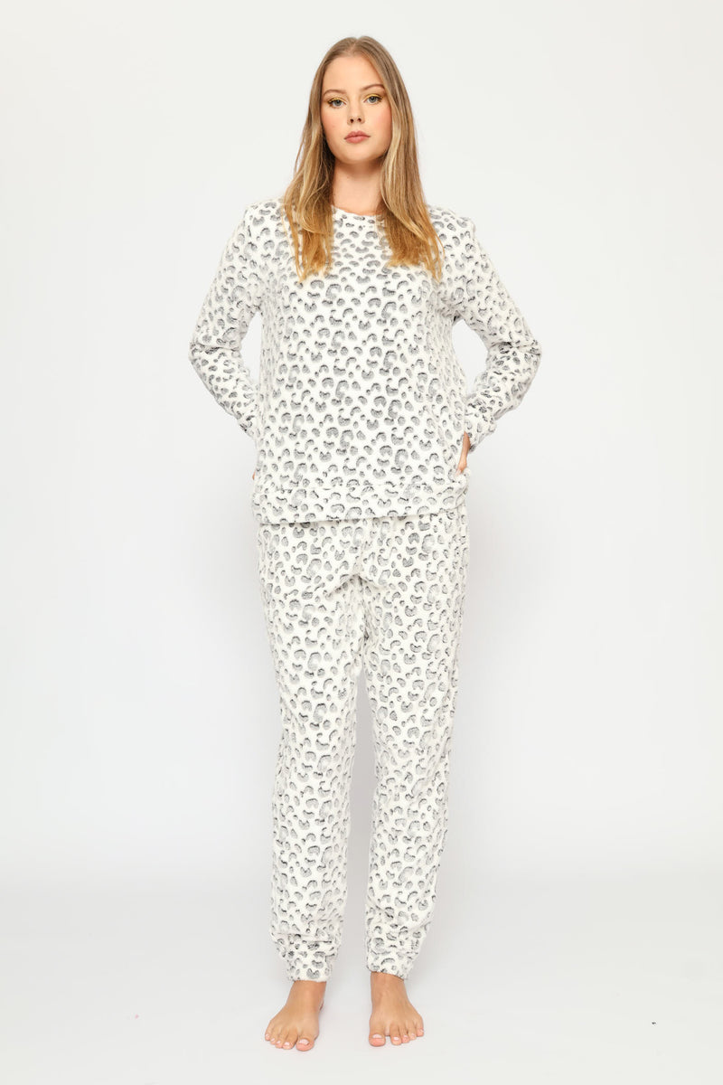 Long Sleeve Allover Leopard Print Cosy Jogger  - Cream