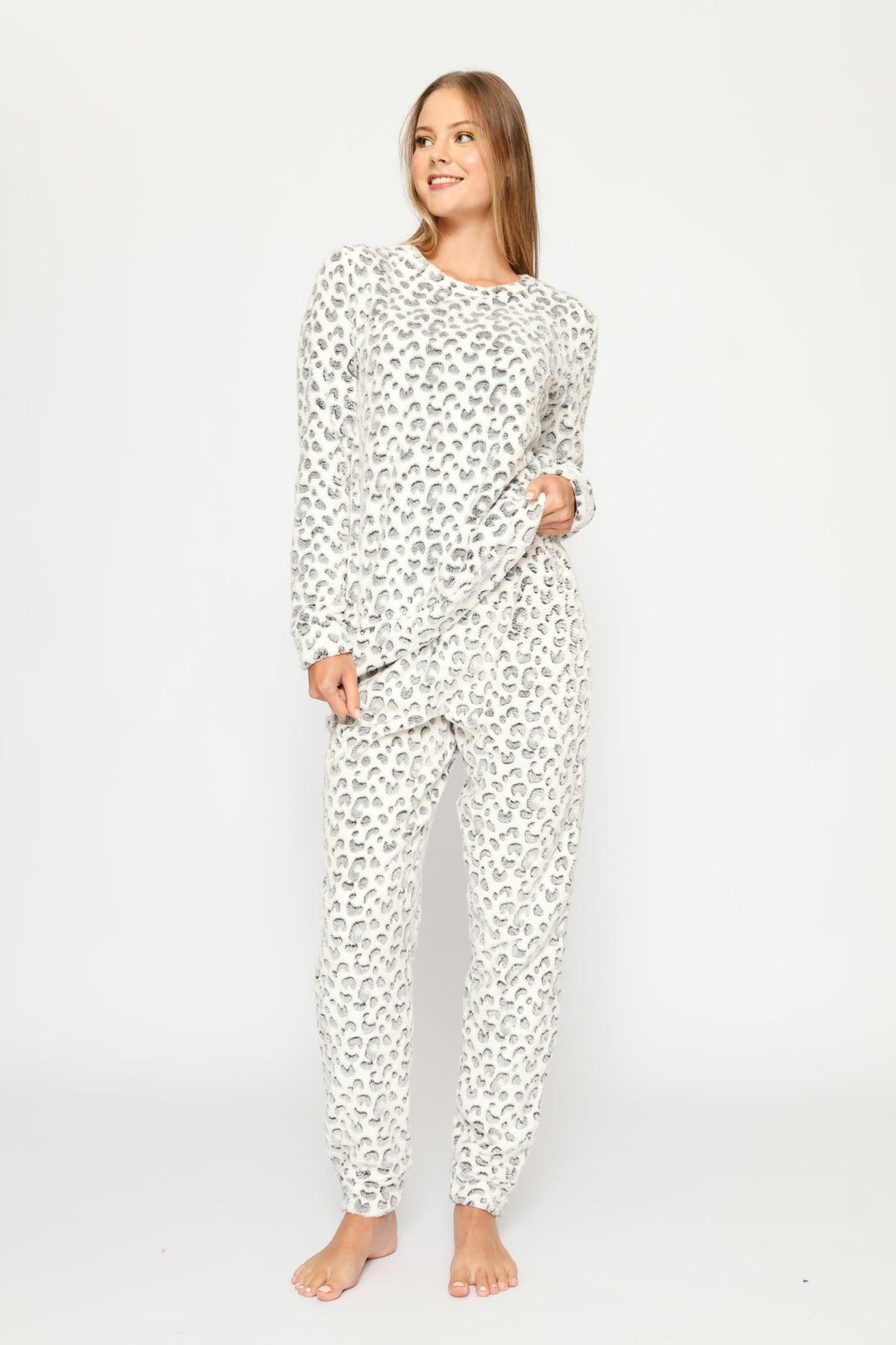 Long Sleeve Allover Leopard Print Cosy Jogger  - Cream