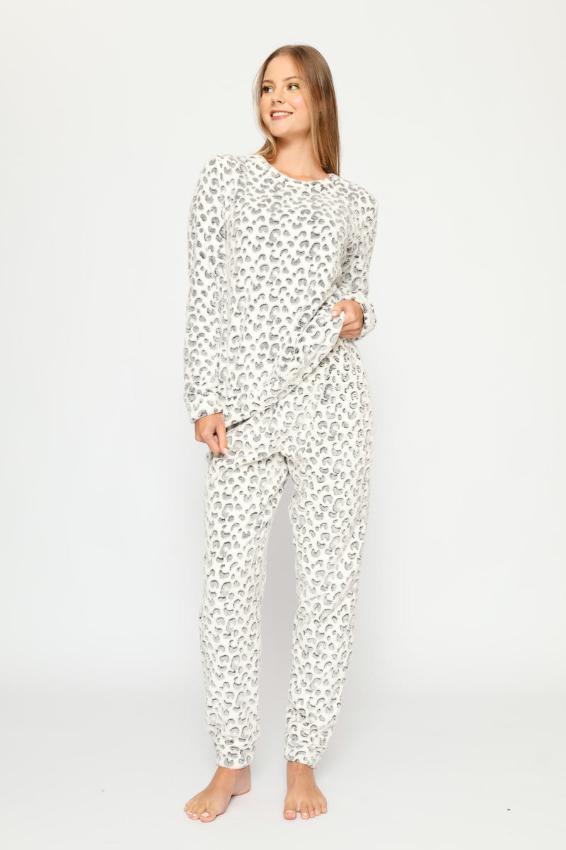 Long Sleeve Allover Leopard Print Cosy Jogger  - Cream
