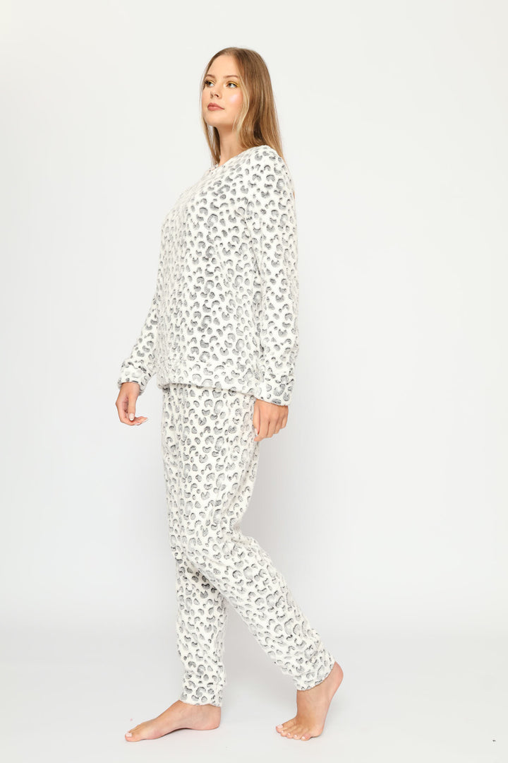 Long Sleeve Allover Leopard Print Cosy Jogger  - Cream