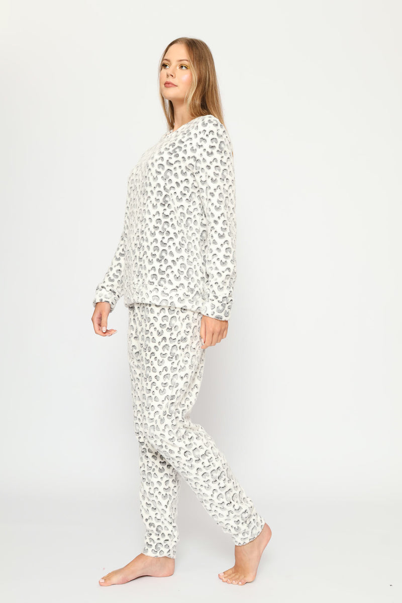 Long Sleeve Allover Leopard Print Cosy Jogger  - Cream