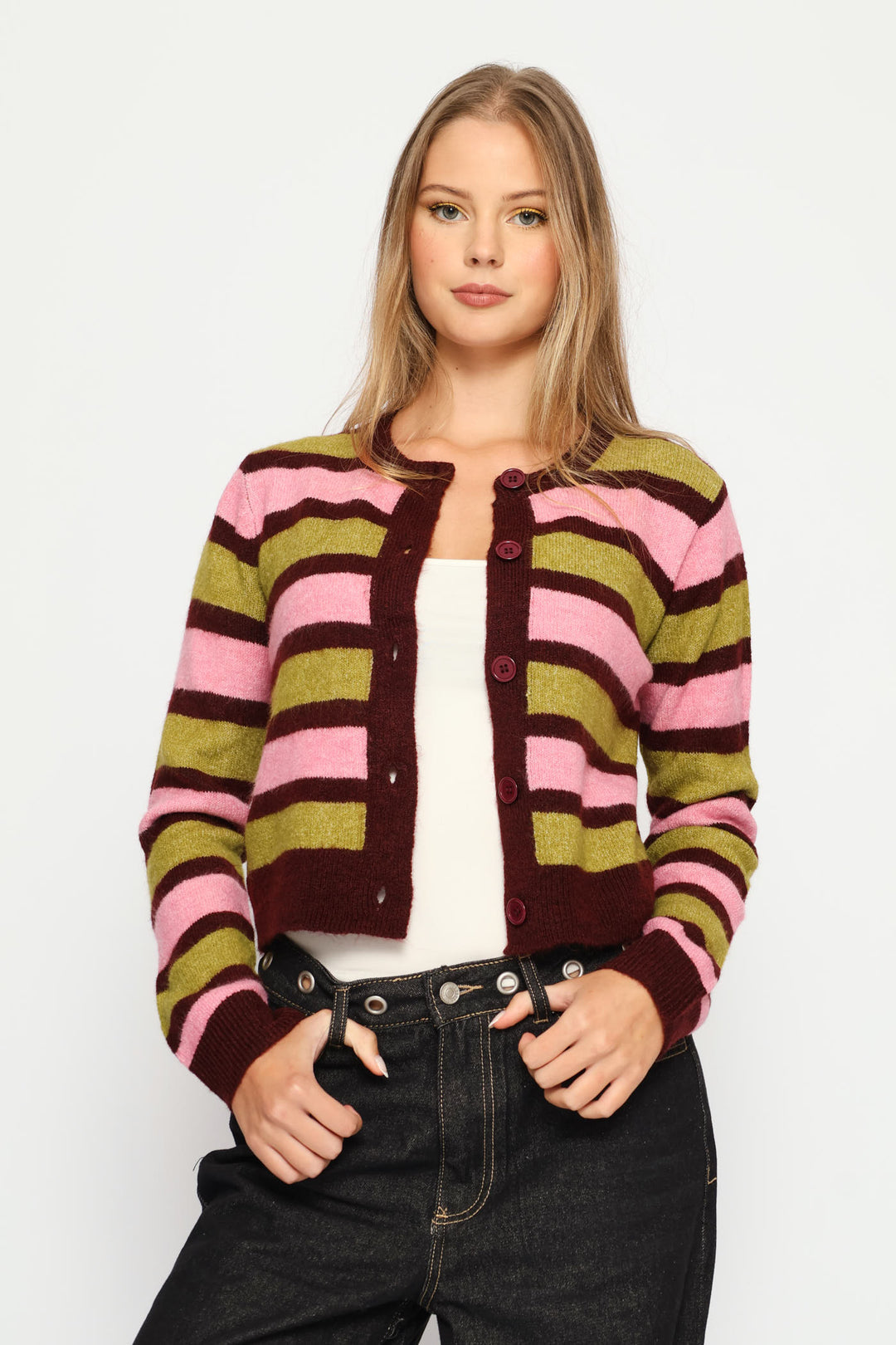 Crew Stripe Cardigan - Burgundy