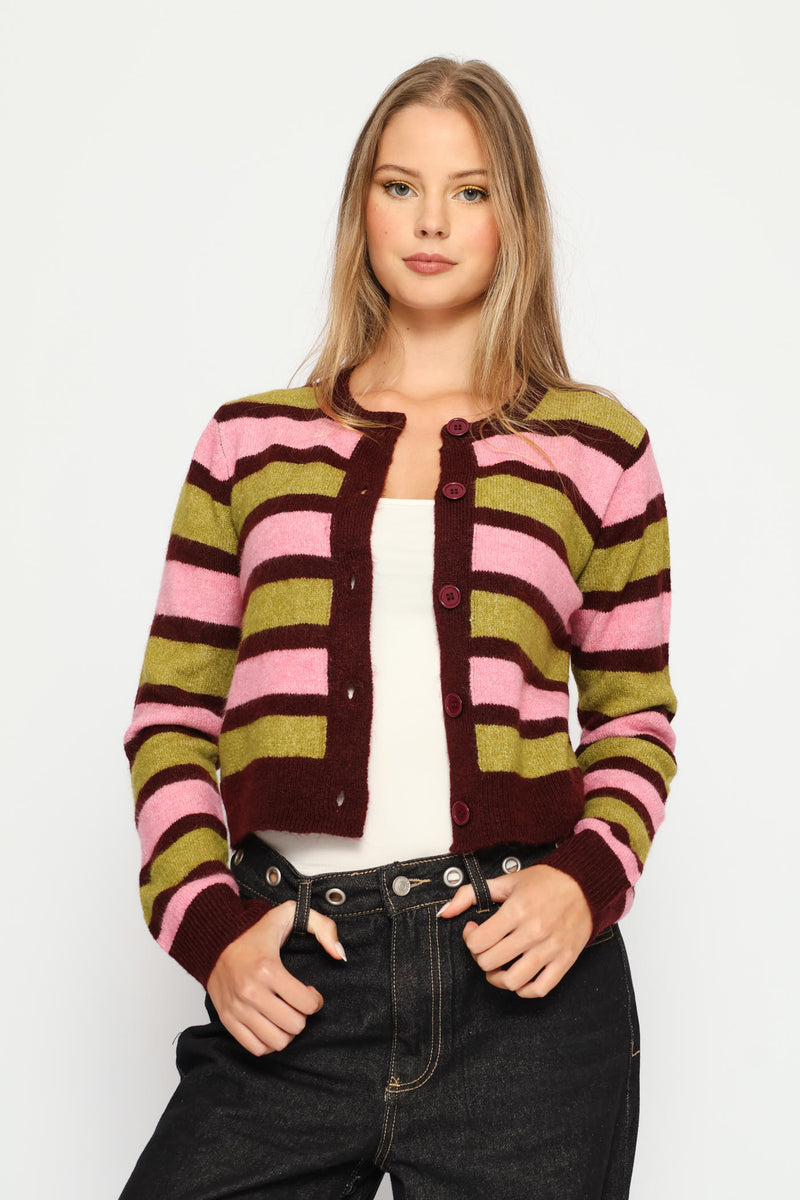 Crew Stripe Cardigan - Burgundy