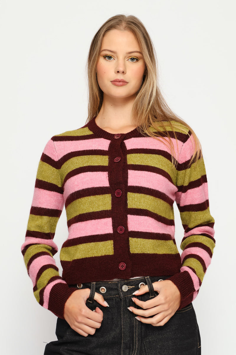 Crew Stripe Cardigan - Burgundy