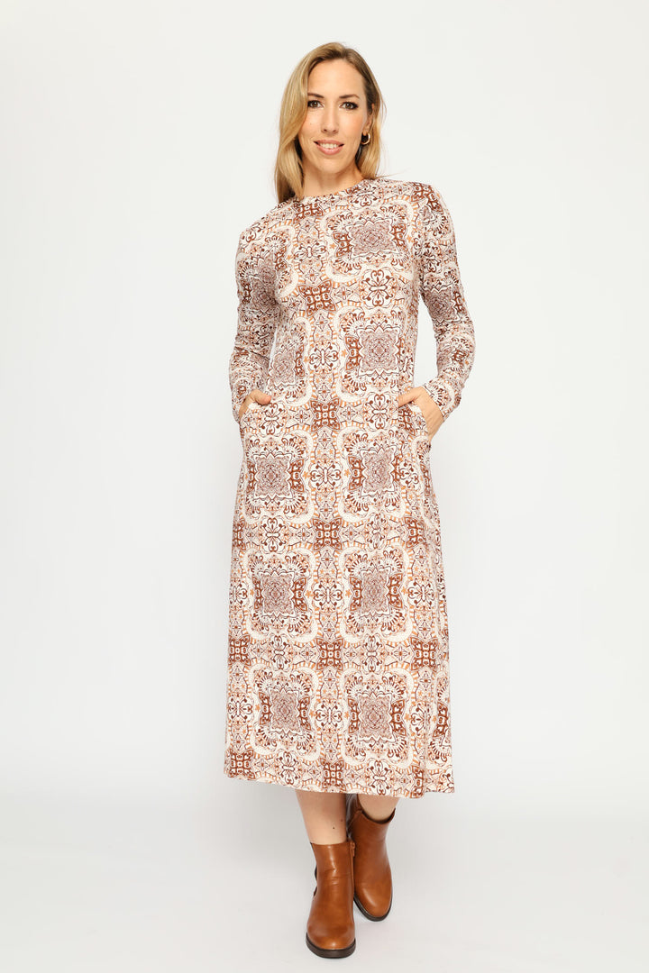 Long Sleeve Printed A-Line Midaxi Dress - Cream/Chocolate