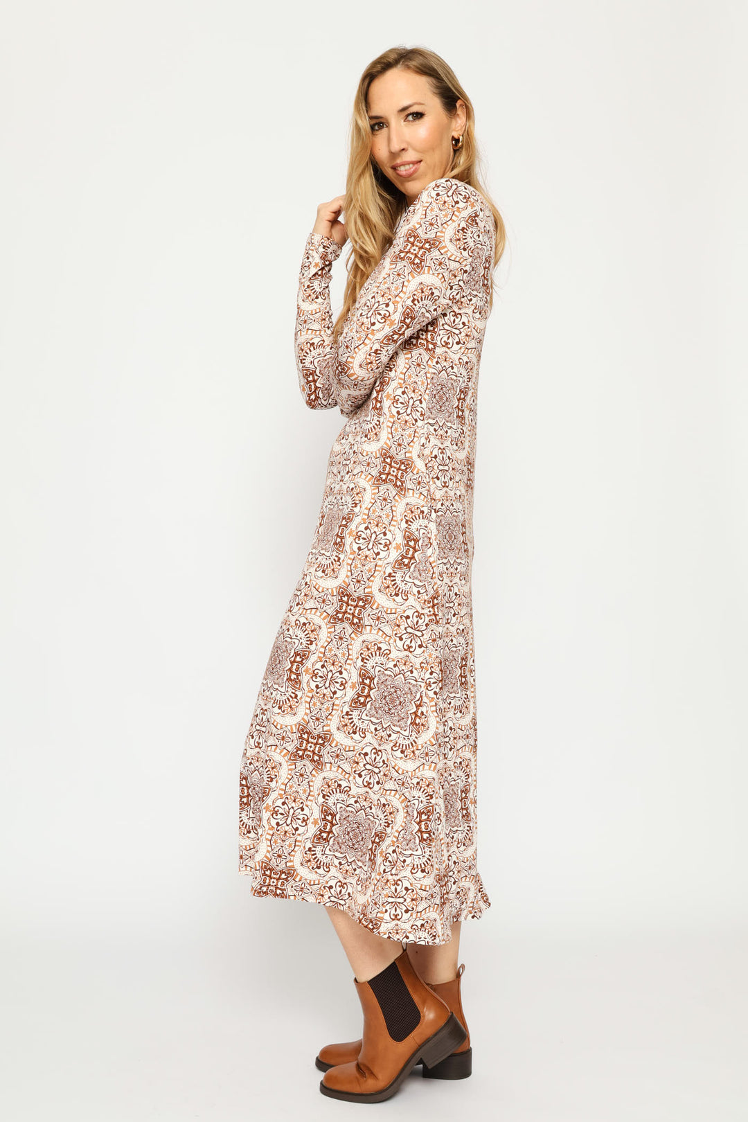 Long Sleeve Printed A-Line Midaxi Dress - Cream/Chocolate