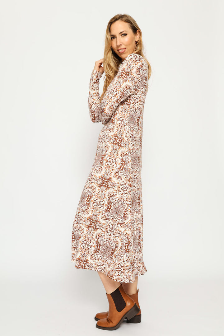 Long Sleeve Printed A-Line Midaxi Dress - Cream/Chocolate