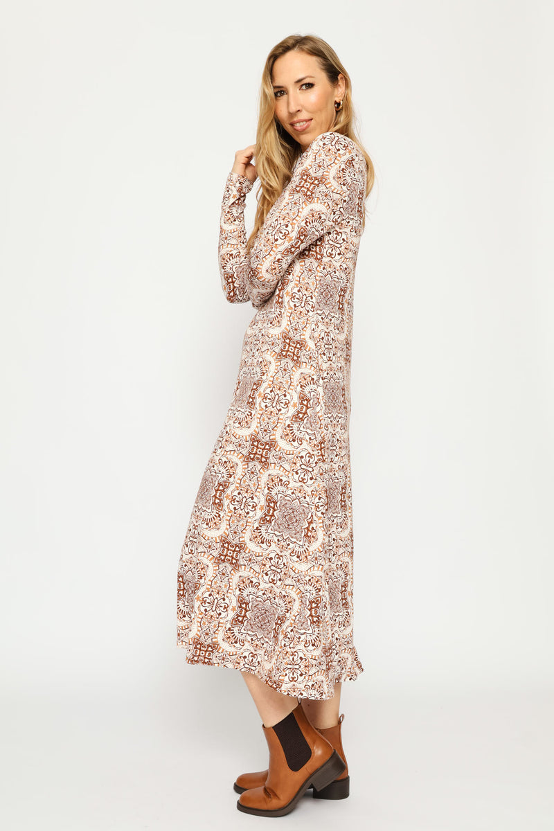 Long Sleeve Printed A-Line Midaxi Dress - Cream/Chocolate