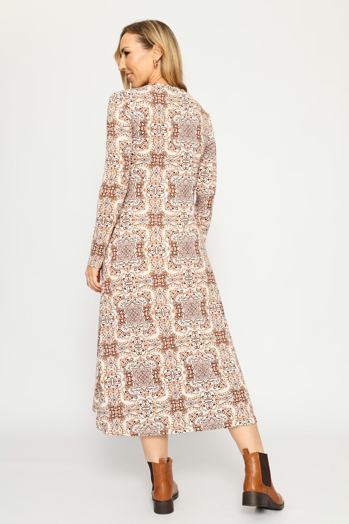 Long Sleeve Printed A-Line Midaxi Dress - Cream/Chocolate