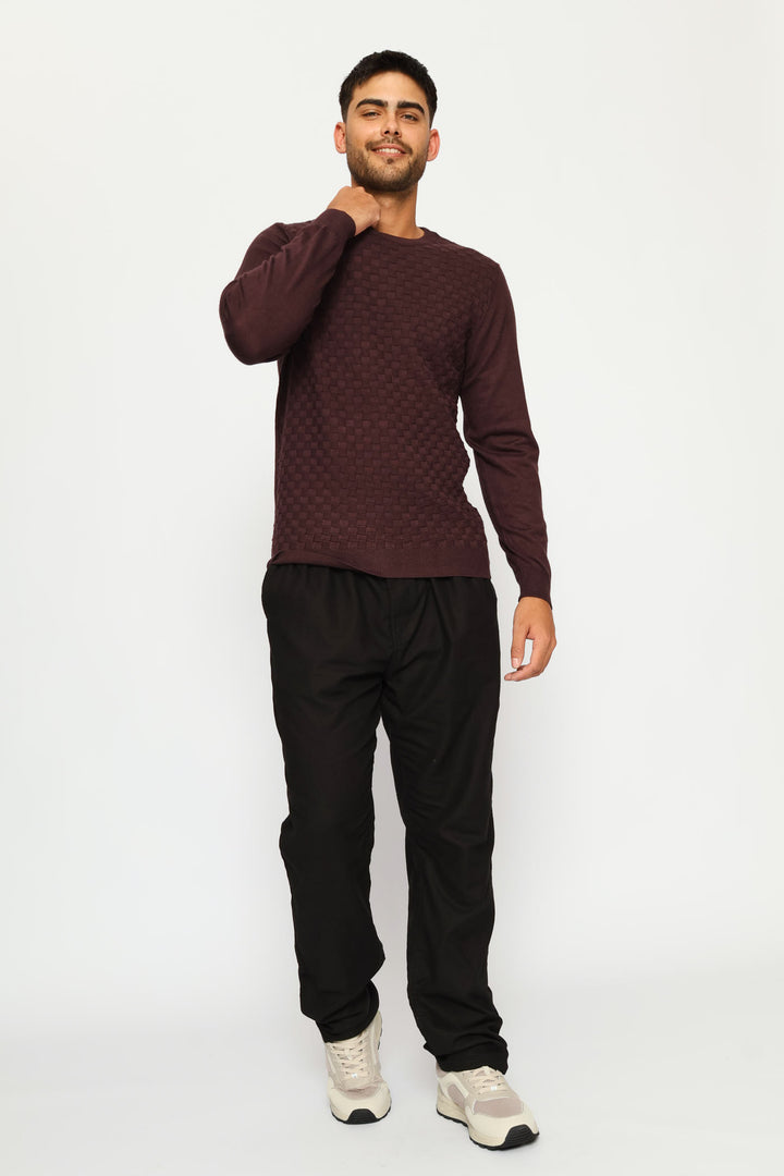 Basket Weave Long Sleeve Knit Tee - Burgundy