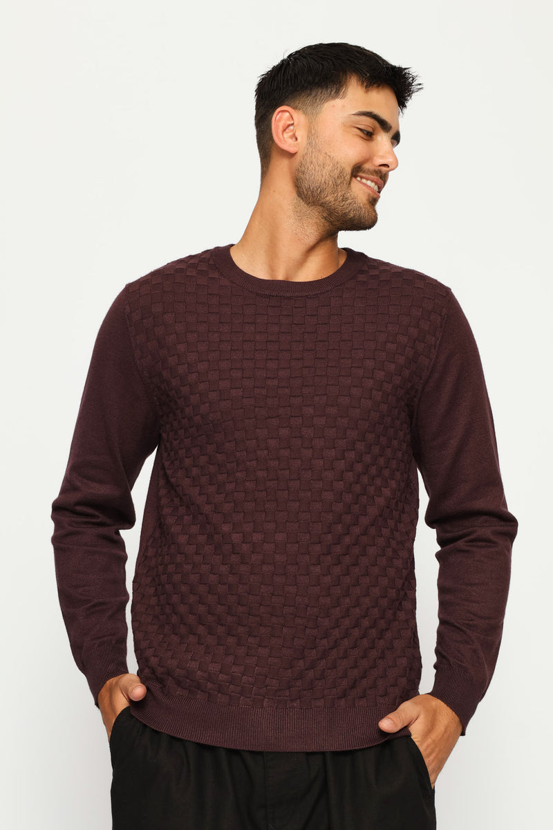 Basket Weave Long Sleeve Knit Tee - Burgundy