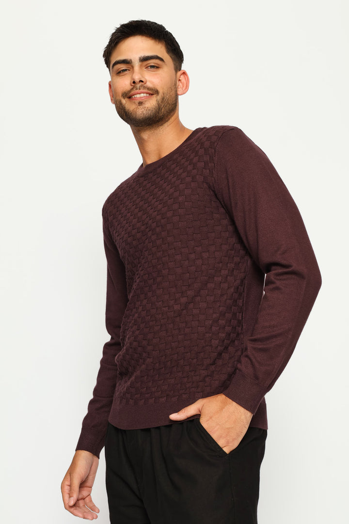 Basket Weave Long Sleeve Knit Tee - Burgundy