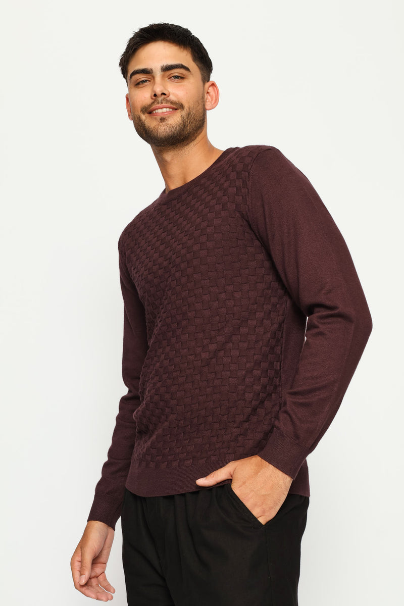 Basket Weave Long Sleeve Knit Tee - Burgundy