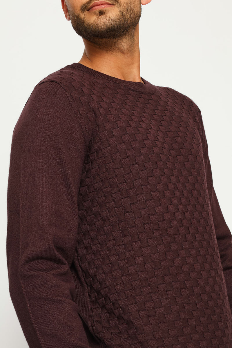 Basket Weave Long Sleeve Knit Tee - Burgundy