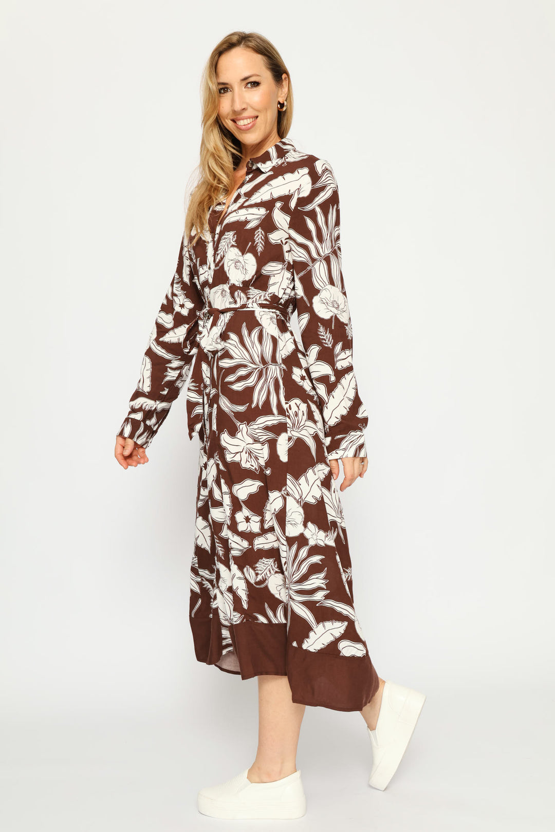 Long Sleeve Belted Border Midaxi Shirt Dress - Cream/Chocolate