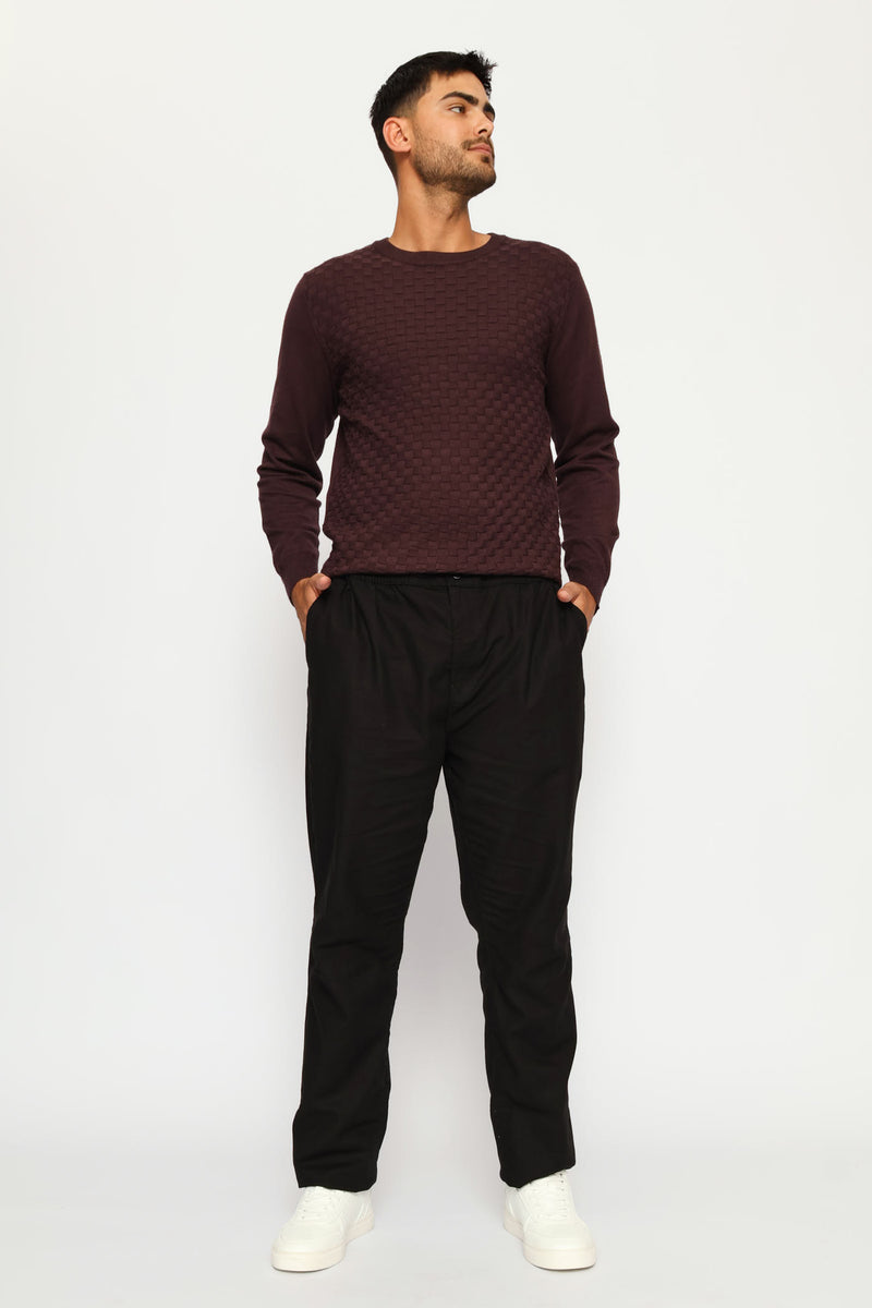 Half Elasticated Linen Look Trouser - Black