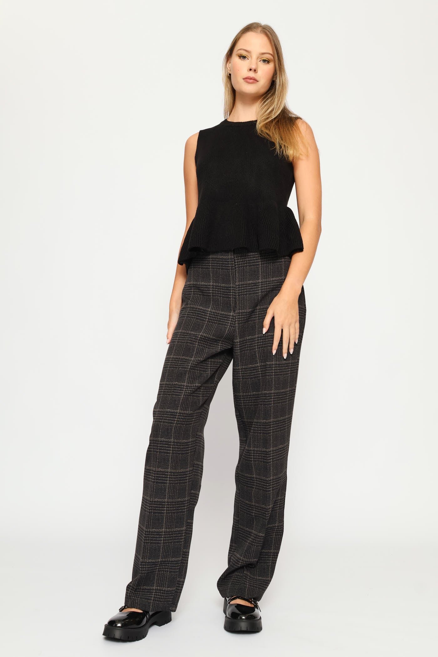 よ　Eaphi FLUFFY PEPLUM VEST Ladies Peplum Knitted Vest - Black – Edgars