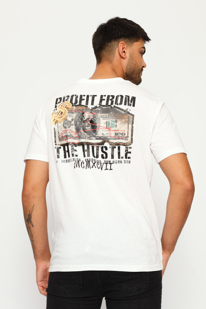 Hustle Money Front & Back Print Tee - White