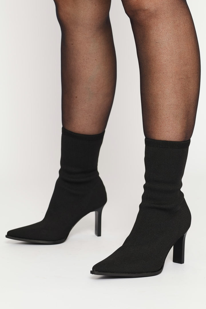 Cable Knit Flat Heel Sock Boot - Black