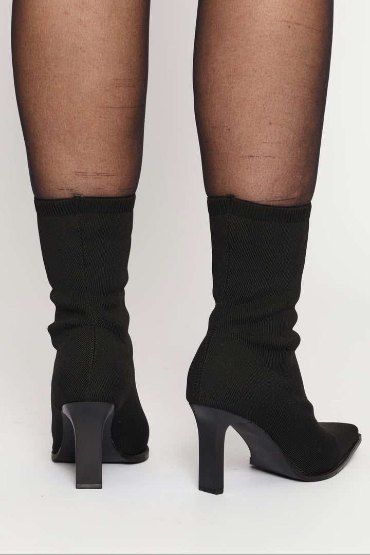 Cable Knit Flat Heel Sock Boot - Black