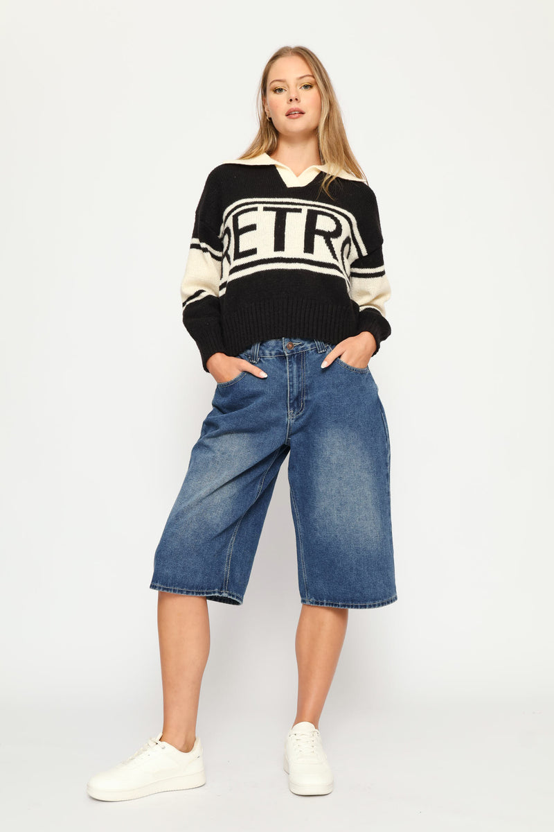 Retro Collar Knit Pullover - Black