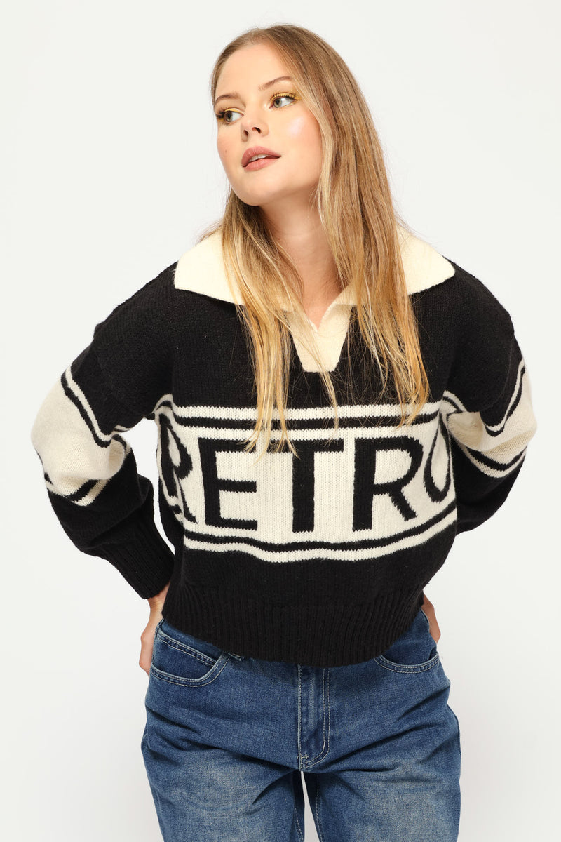 Retro Collar Knit Pullover - Black