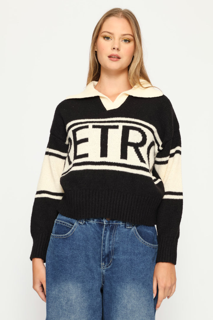 Retro Collar Knit Pullover - Black